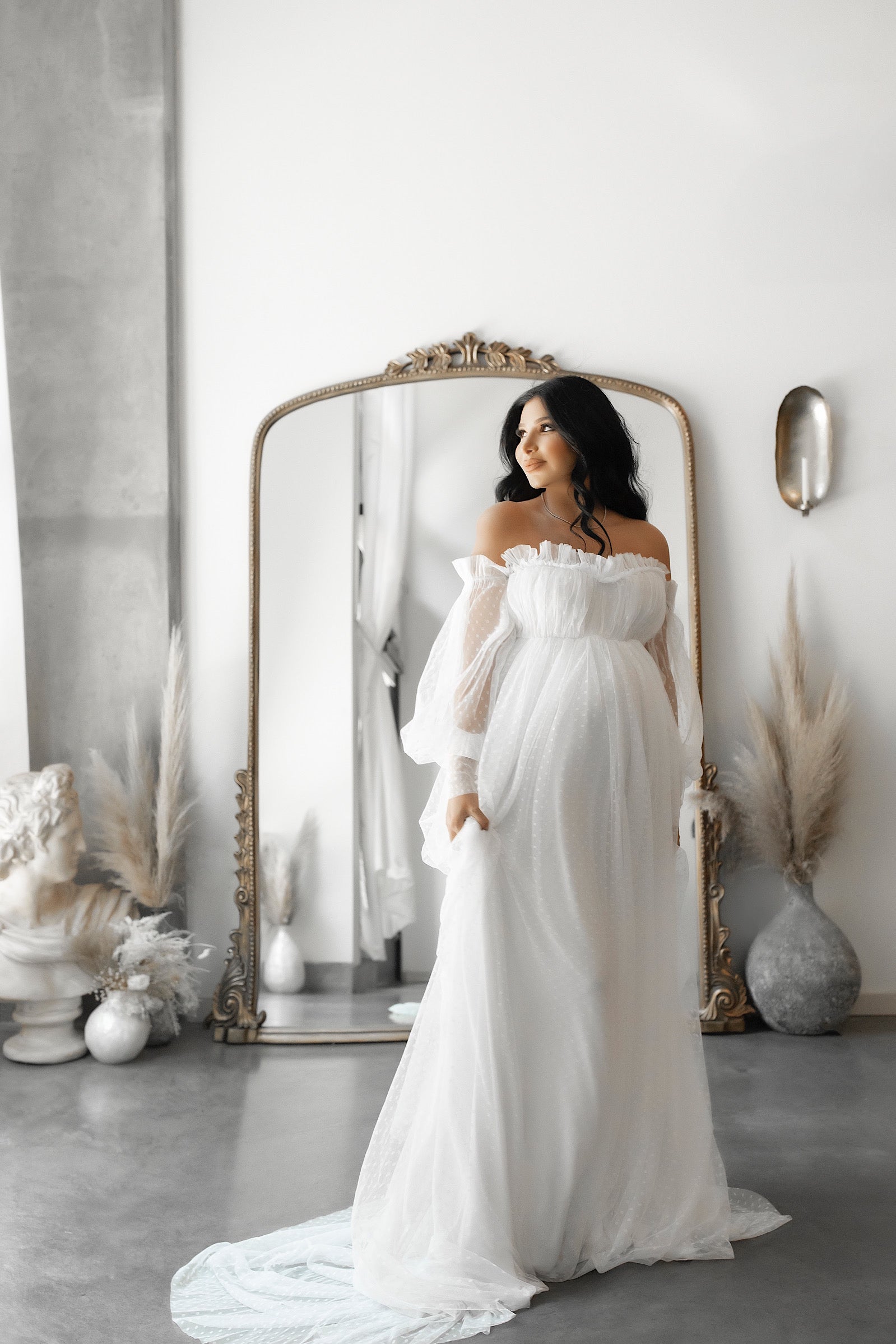 green emerald velvet dress Boho Off Shoulder Maternity Dresses, Long Sleeve Side Split Flowy Tiered Maxi  Dress for Baby Shower Photoshoot Dress Black S at Amazon Women's Clothing  store main image 1