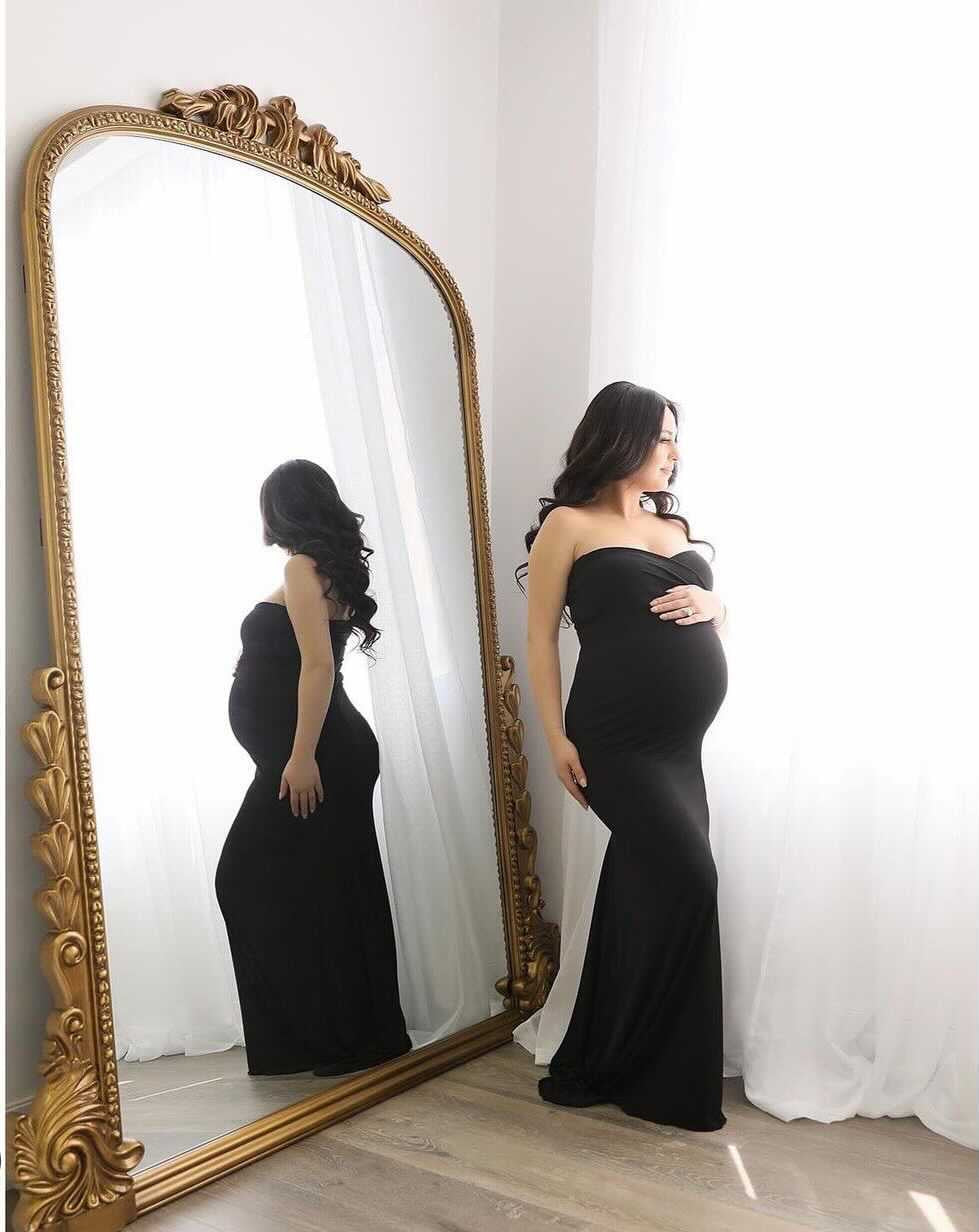 green emerald velvet dress Long Sleeves Evening Dress 1M Train Lace Plus Size Maternity Dress for Photo Shoot YW21024 16 / Black main image 1