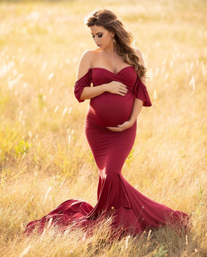 Sona Fitted Short Sleeved Maternity Gown with train – ANYUTA COUTURE