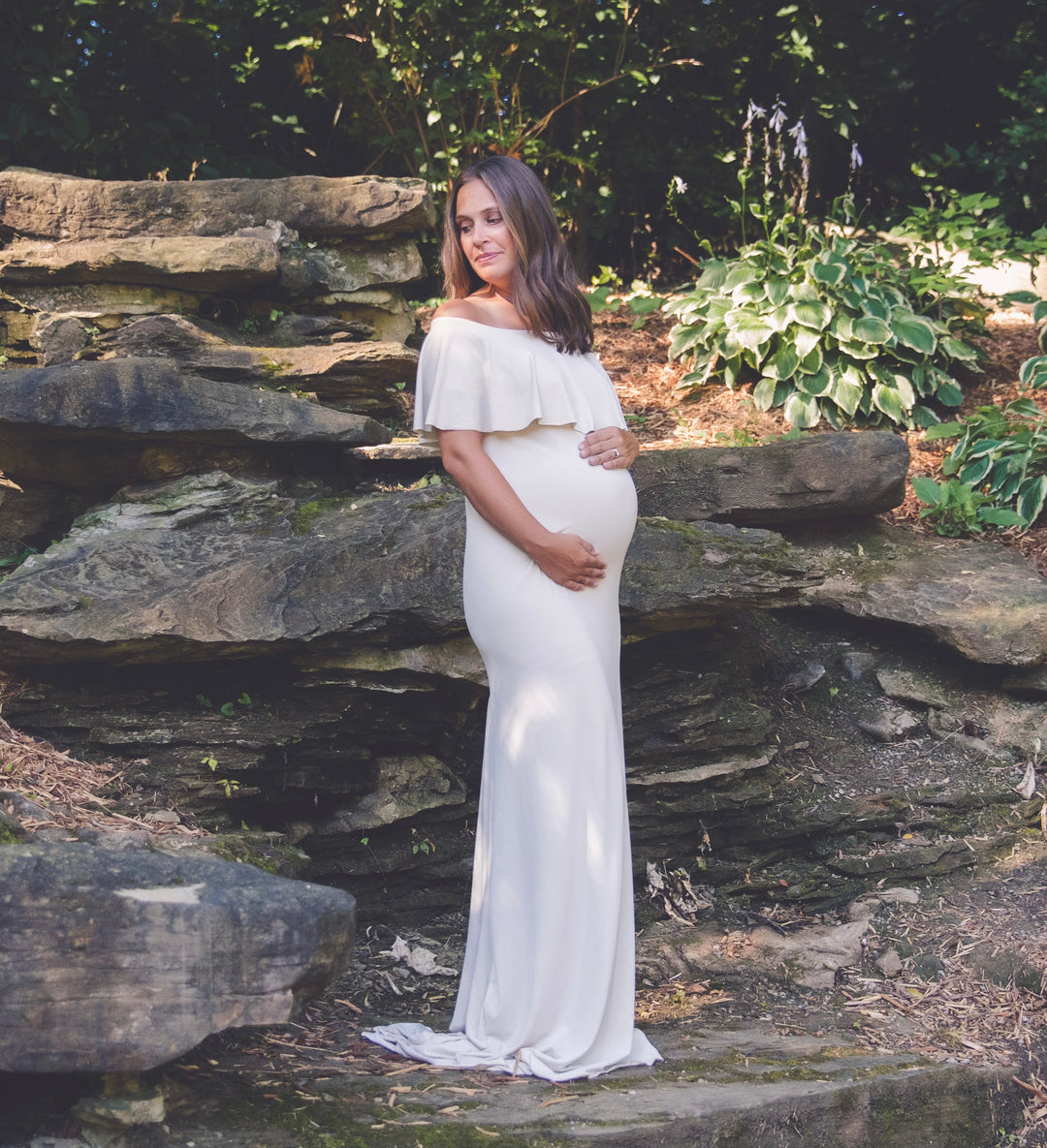 Sona Fitted Short Sleeved Maternity Gown with train Sona Fitted Short Sleeved Maternity Gown with train