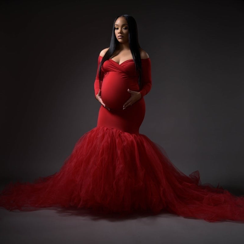 Elegant Dark Red Maternity Tulle Gown With Ruffles Belted Photoshoot & Baby  Shower Dress From Penomise, $110.36 | DHgate.Com
