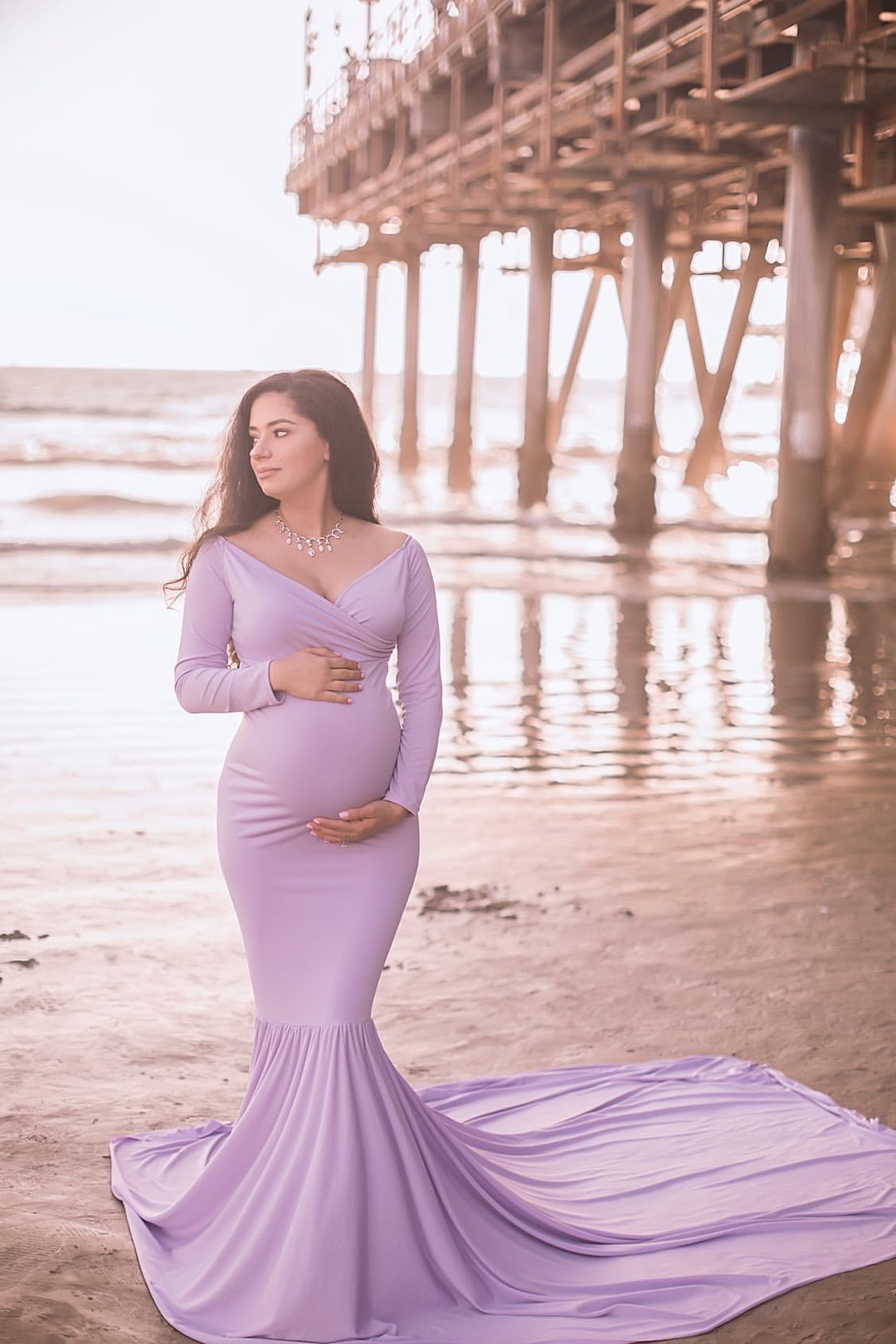 Sona Fitted Short Sleeved Maternity Gown with train Sona Fitted Short Sleeved Maternity Gown with train