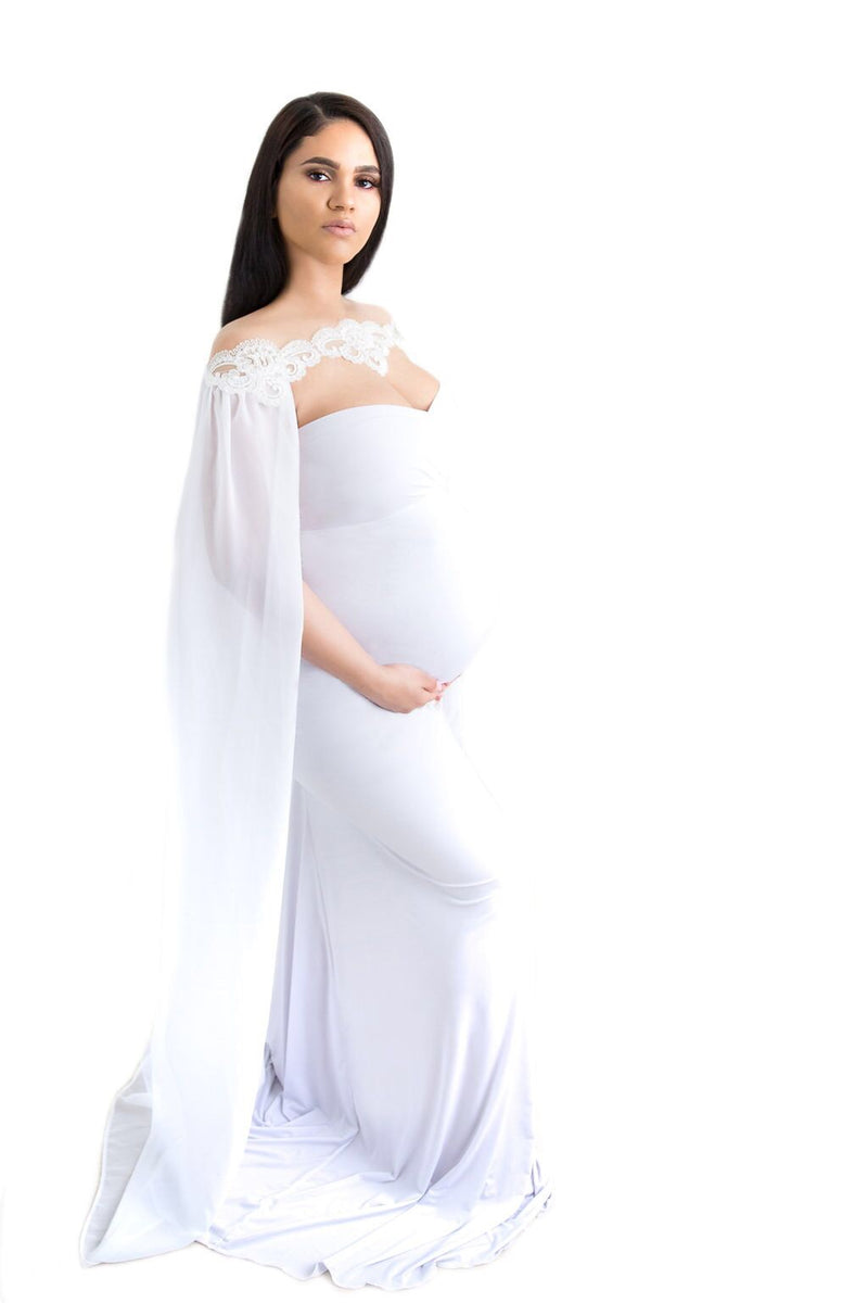 Fabulous White Slim-Fit Caped Maternity Photoshoot Dress