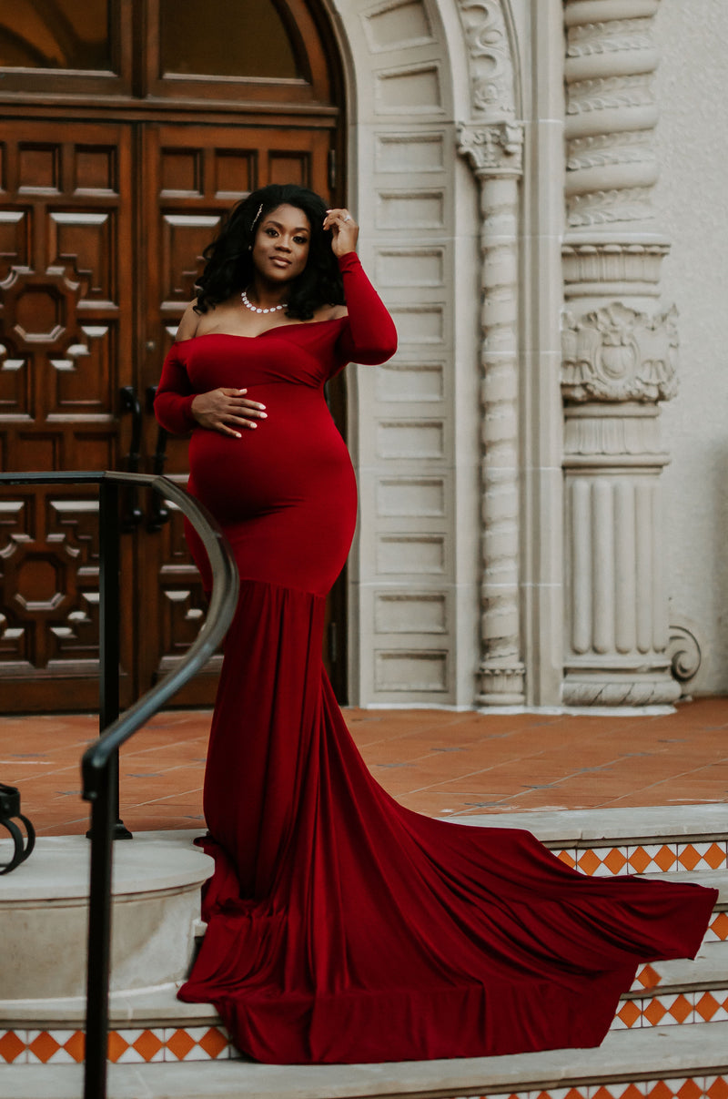Sona Fitted Short Sleeved Maternity Gown with train – ANYUTA COUTURE