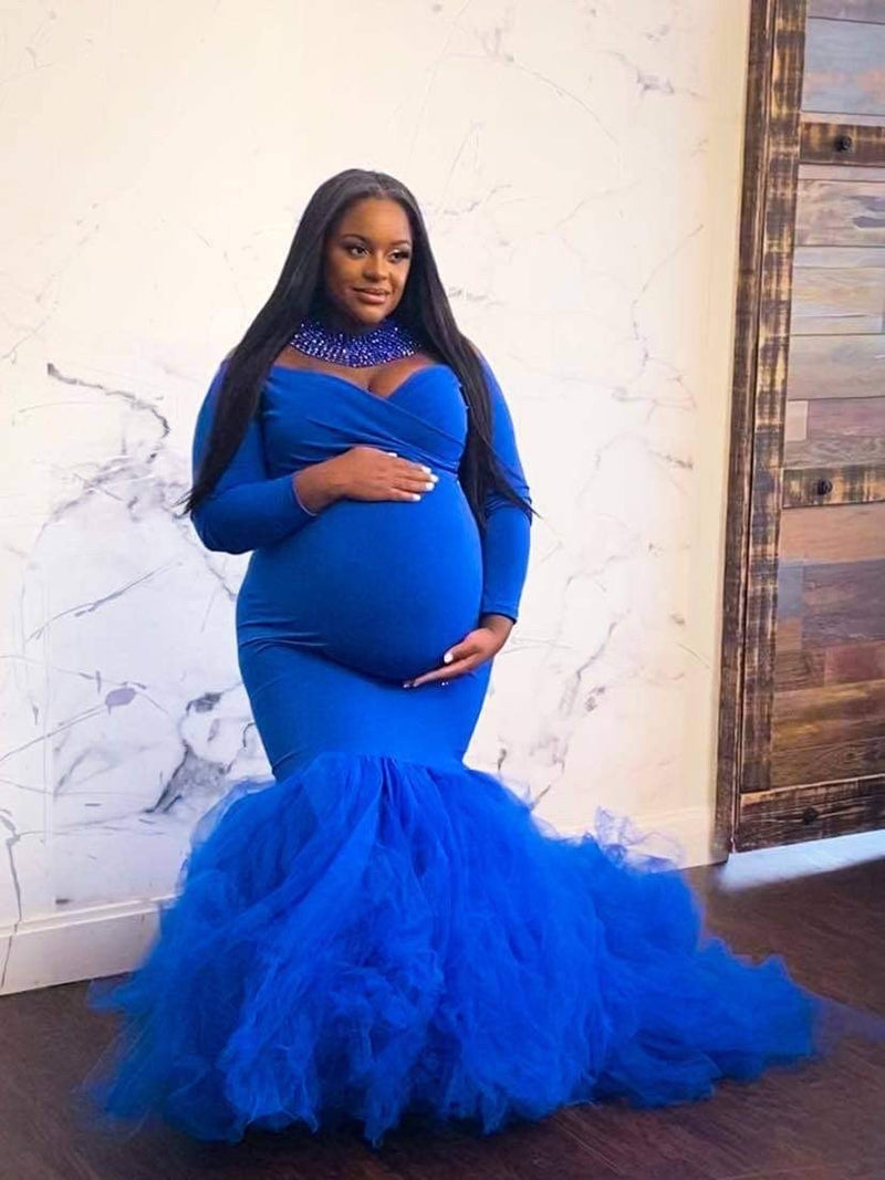 Off the Shoulder Sweetheart Flare Maternity Gown with Long Sleeves